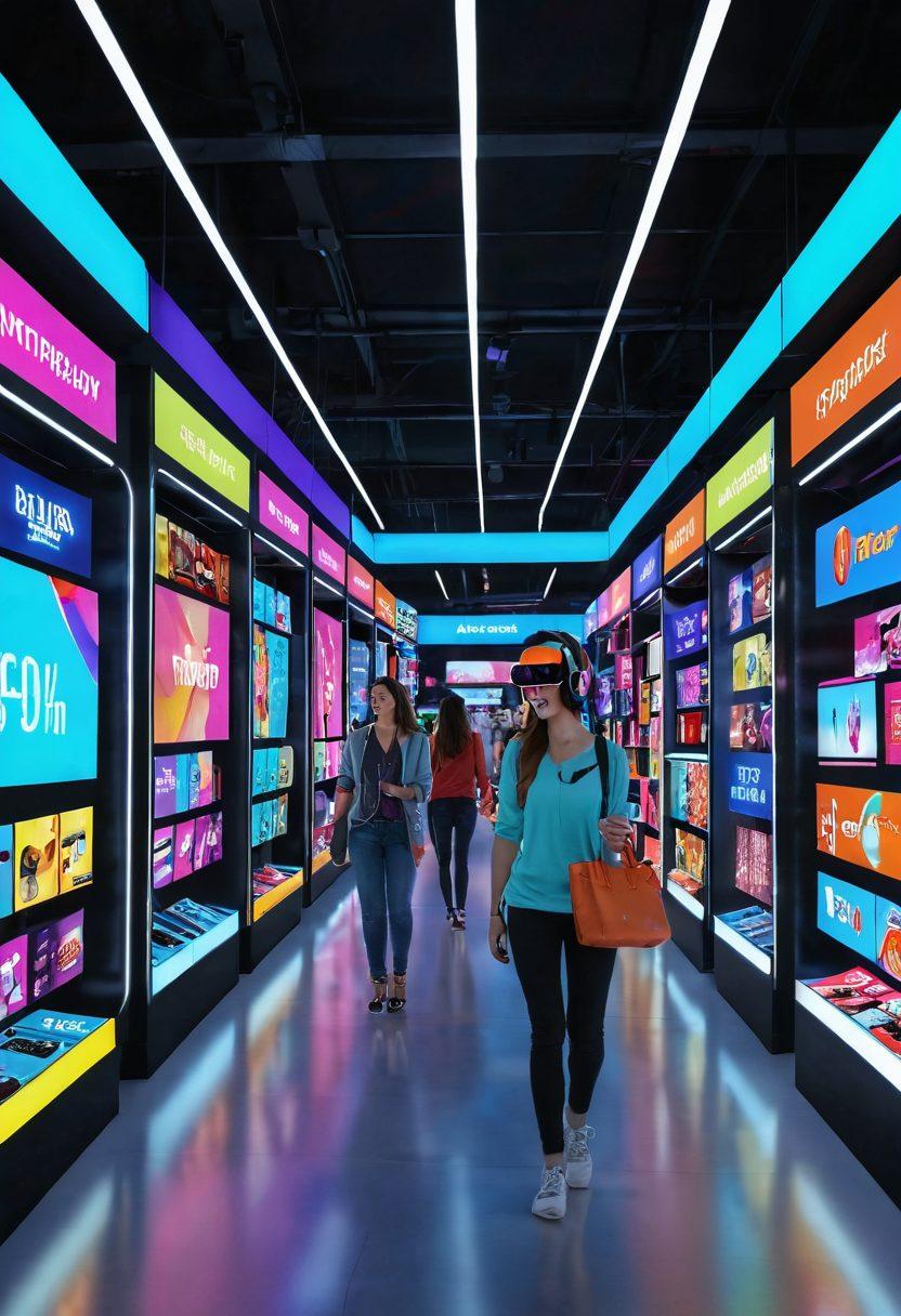 An exciting virtual marketplace filled with vibrant holographic displays showcasing discounts and deals on a variety of products. Shoppers wearing futuristic headsets browse through aisles of colorful, floating deals, with digital price tags and interactive elements. The scene is illuminated with bright neon colors and dynamic advertisements, capturing the essence of modern virtual shopping experiences. super-realistic. vibrant colors. 3D.