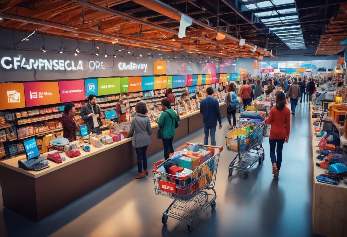 A vibrant scene depicting a bustling online marketplace, featuring diverse buyers and sellers interacting through digital devices. Showcase a variety of products, from clothing to electronics, with eye-catching labels highlighting discounts. Include elements like colorful shopping carts and delivery drones in a modern urban setting, symbolizing the fusion of technology and commerce. Convey a sense of connection and excitement in the atmosphere. super-realistic. vibrant colors. 3D.