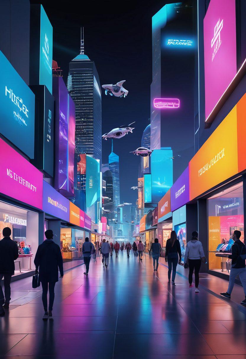 A futuristic shopping scene showcasing diverse digital marketplaces in a vibrant city skyline, featuring holographic displays of products and eager shoppers engaging with technology. Include elements like drones delivering packages and virtual reality headsets in use, symbolizing innovation and convenience. Bright neon colors combined with sleek digital interfaces to illustrate the power of contemporary shopping. hyper-realistic. vibrant colors. 3D.